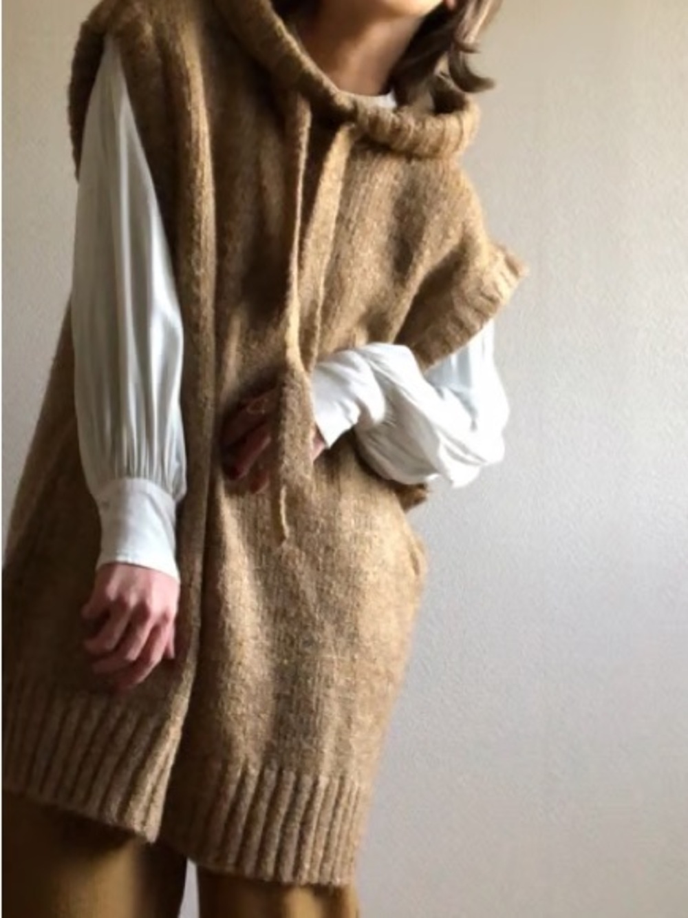 ZARA Womens Golden Biscuit Dark Beige Marl Knitten Sleeveless Pullover Hoodie Ve